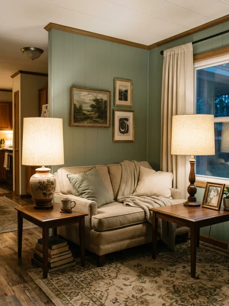 Two different lamp bases in a single-wide living room coordinated with compatible warm linen lampshades.
