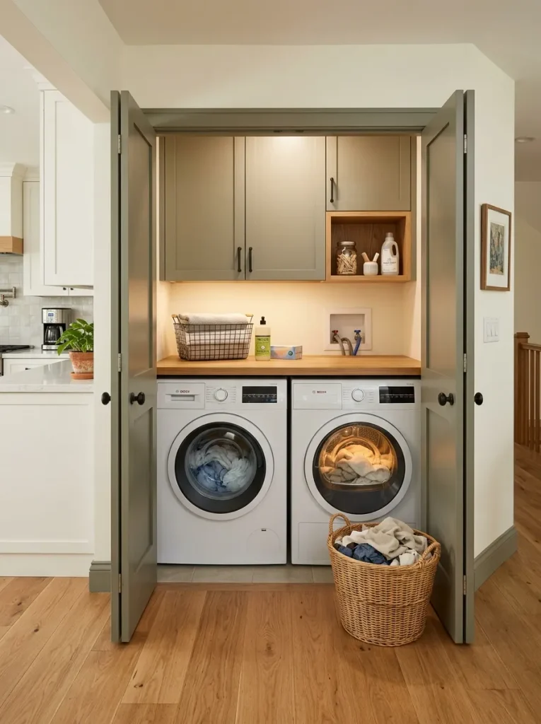 Open modern double wide laundry niche with machines, worktop, closed cabinetry, and accessible daily supplies integrated into the hallway.