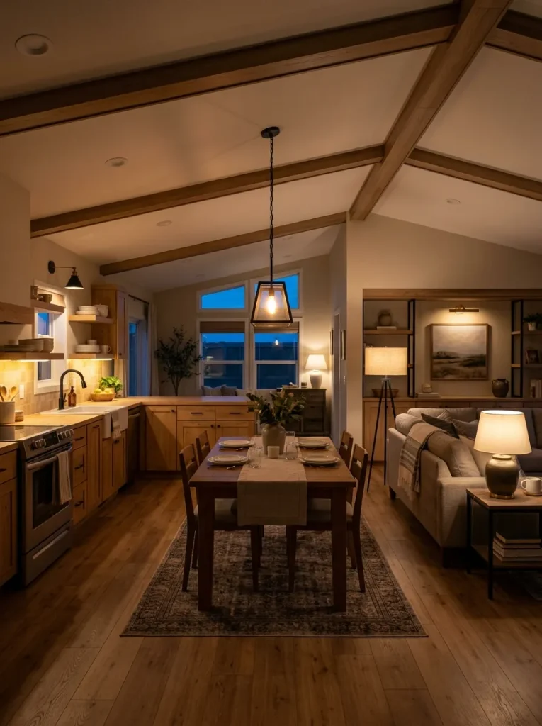 Double-wide kitchen, dining, and living zones defined after dark by coordinated task, pendant, and ambient lighting.