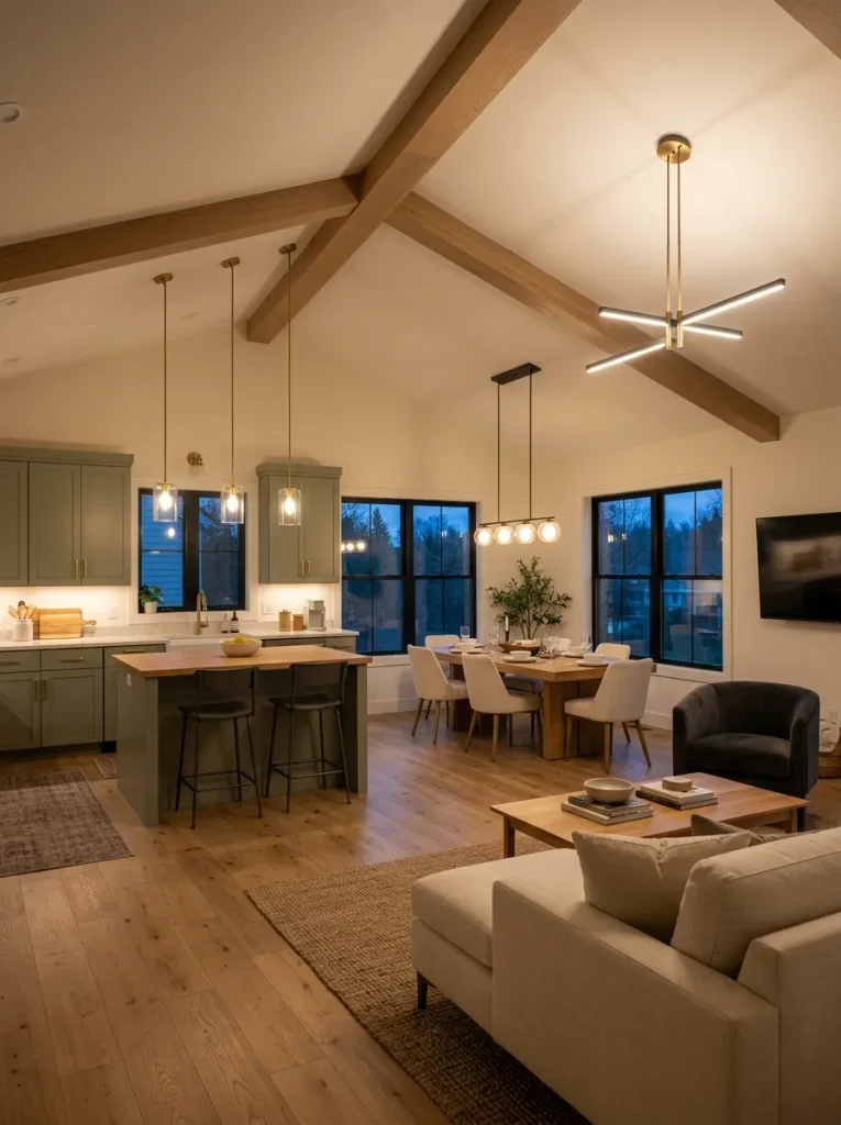 Open modern double wide with kitchen pendants aligned to the island, dining light centered on the table, and living lighting tied to the seating area.