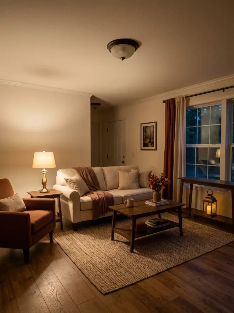 Cozy double wide living room with layered fall lighting from a ceiling fixture, table lamp, floor lamp, and low ambient glow.
