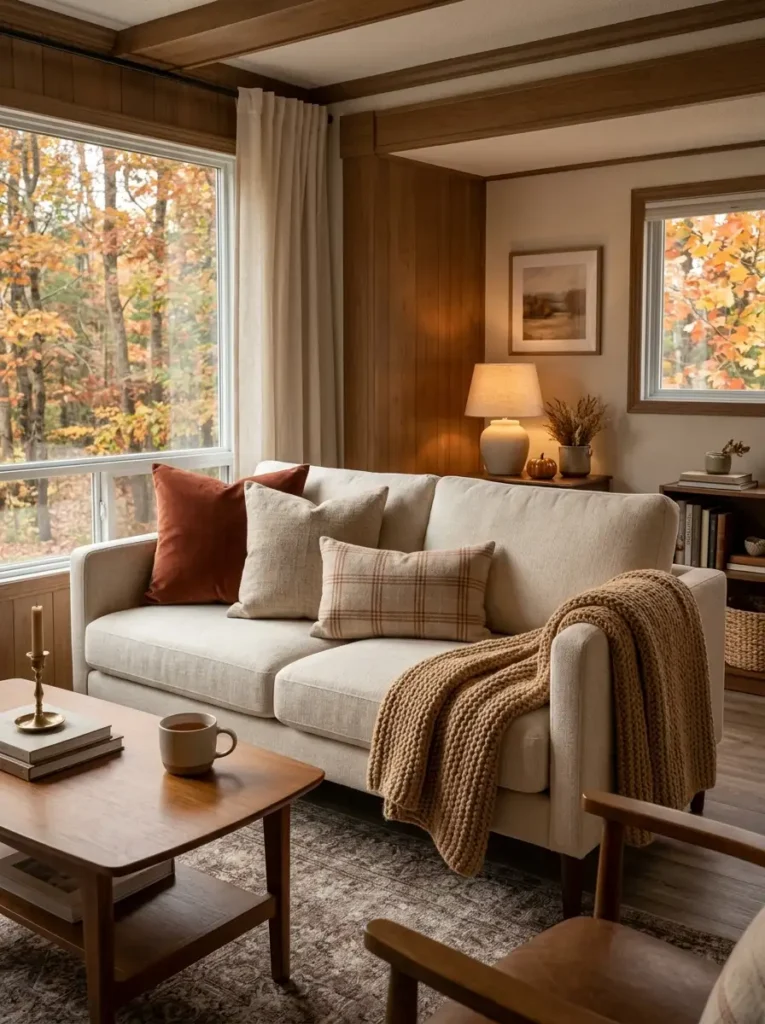 Neutral sofa styled with rust velvet pillow, woven linen cushion, patterned lumbar pillow, and chunky knit fall throw.