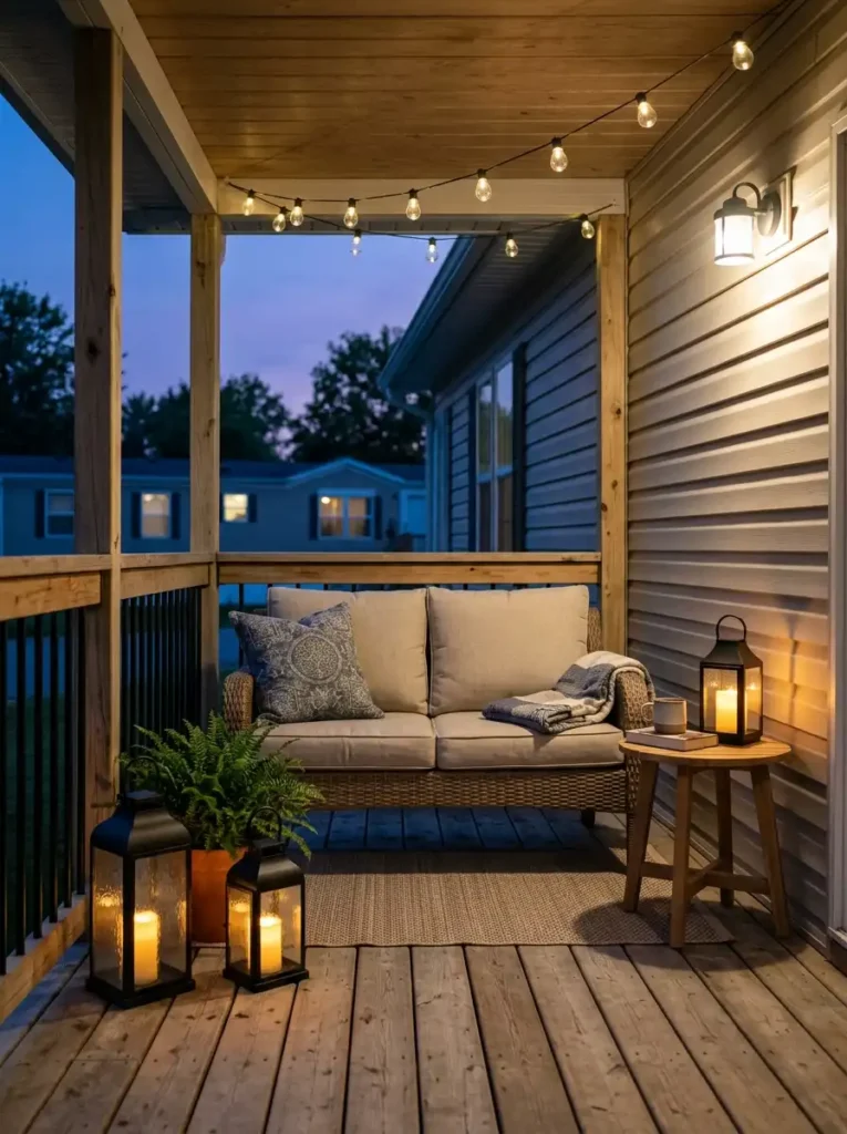 Mobile home porch at dusk with warm floor lanterns, table lantern, overhead lighting, compact seating, and outdoor rug.