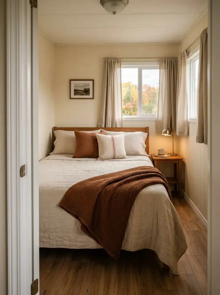 Mobile home bedroom with oatmeal quilt, cinnamon textured throw, and simple layered fall bedding