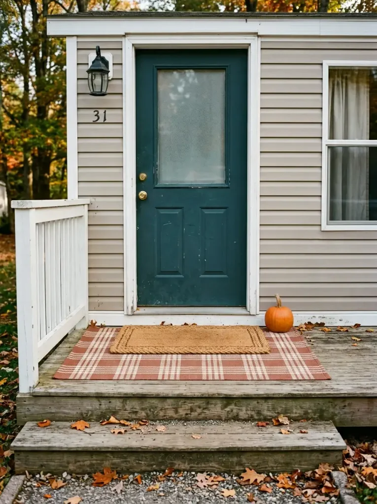 Mobile home front entry with a small doormat layered over a wider rust and cream outdoor rug.