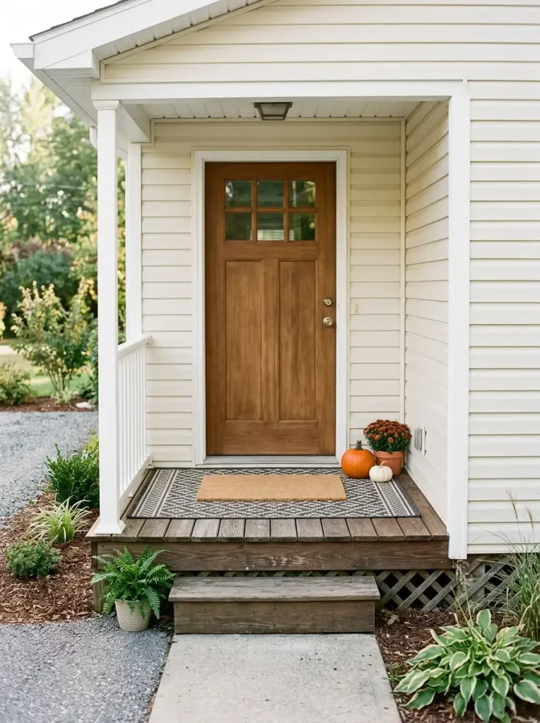 Mobile home porch with layered charcoal-and-cream outdoor rug and natural coir doormat beneath a wood front door.