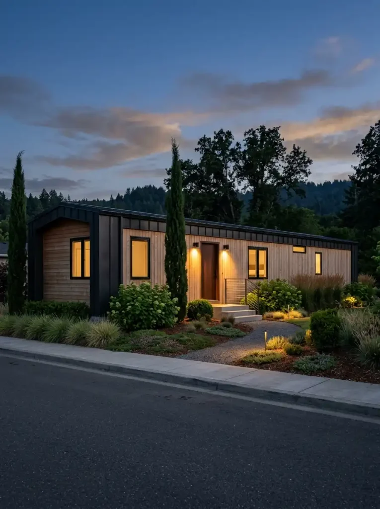 Single wide exterior at dusk with layered planting, warm entry lighting, low landscape lights, and preserved shadows.