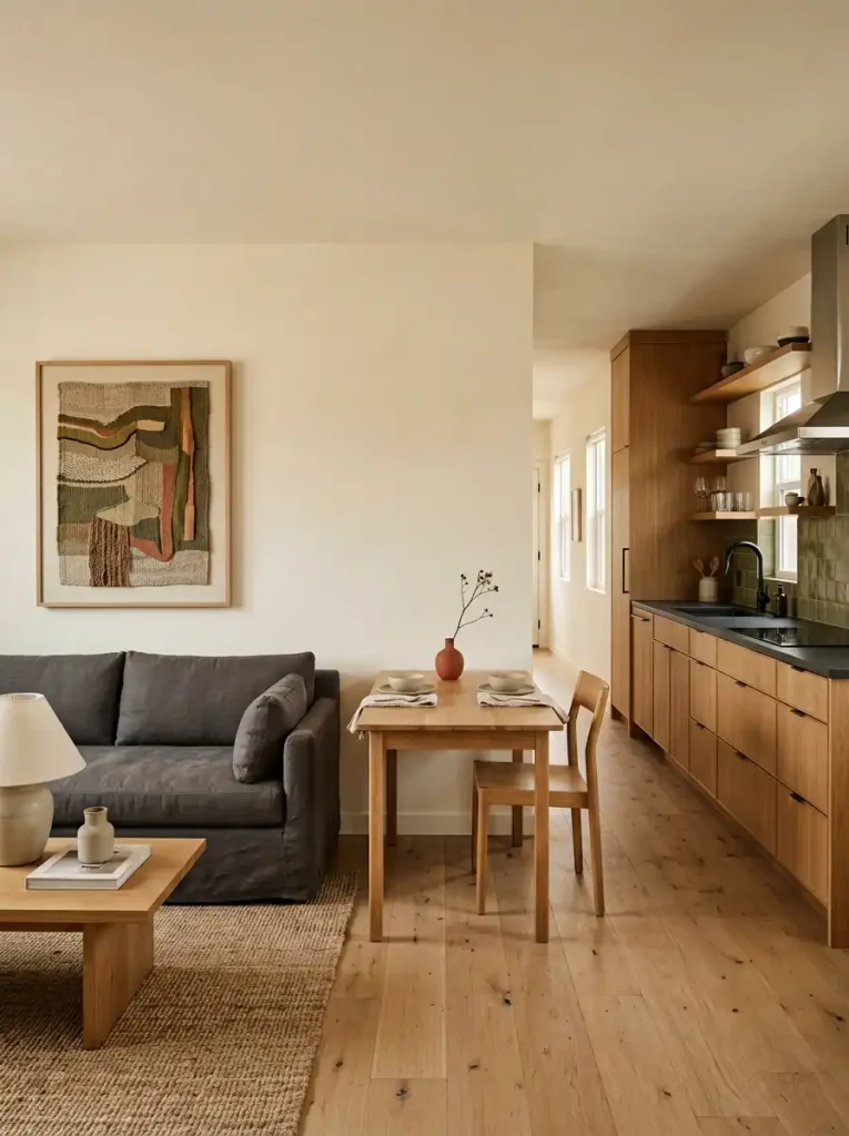 Open single wide interior with intentional negative space separating stronger living-room and kitchen focal areas.