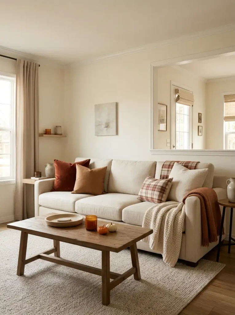 Neutral cream sofa in a single wide living room styled with rust, caramel, cream, and muted plaid fall pillows and throws.