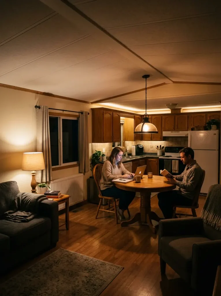 Open single wide at night with dining brightly active while kitchen and living areas use softer independent lighting.