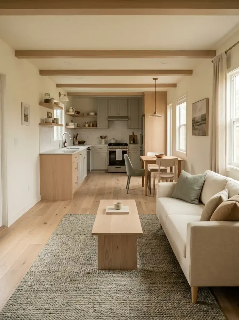 Single wide mobile home with continuous light oak flooring connecting the living room, dining area, and kitchen.