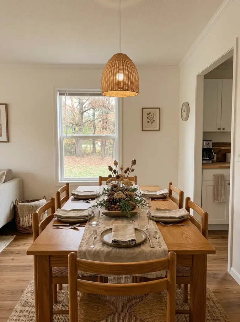 Fall dining table in a double wide with an oatmeal linen runner, matte pottery, dried stems, warm wood, and earthy neutral colors.