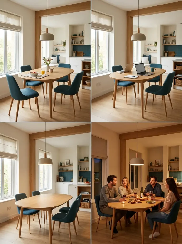 Four views of the same single wide dining area changing from breakfast to work, clear-down, and guest use.