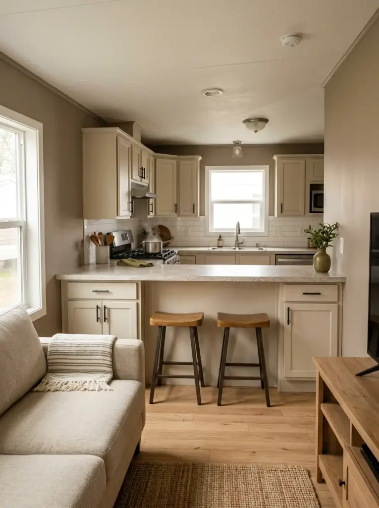 Open single wide mobile home living room and kitchen separated naturally by a peninsula with stools tucked underneath.