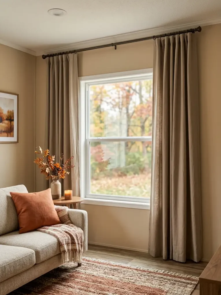 Mobile home living room with high-mounted floor-length warm curtains framing a bright window above a neutral sofa.