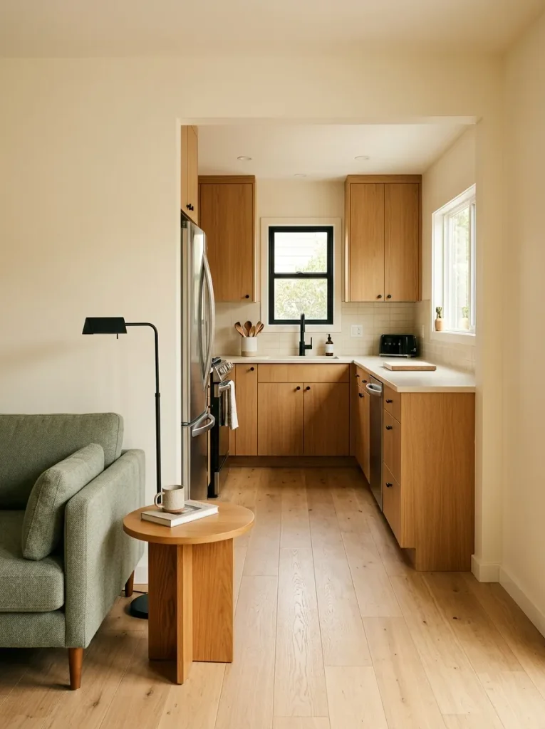 Open single-wide living room and kitchen connected through repeated oak and black finishes.