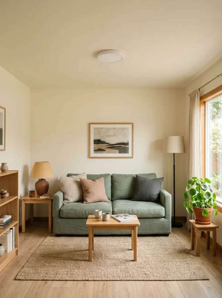 Cozy single-wide living room with a low quiet ceiling and decorative emphasis at eye level.