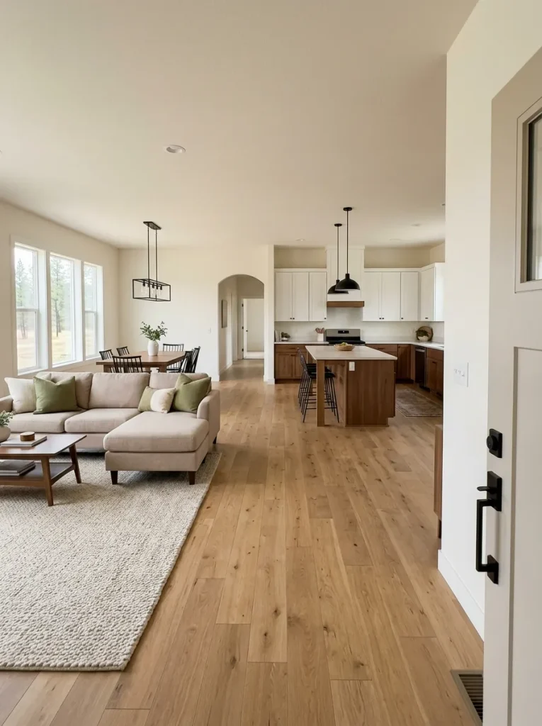 Double-wide common area with a clear primary route from the entry to the kitchen and a secondary circulation path along the living-room edge.