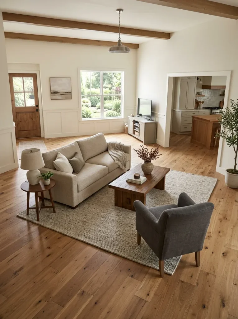 Properly scaled sofa and chairs in a double-wide living room with clear walking routes around the seating zone.