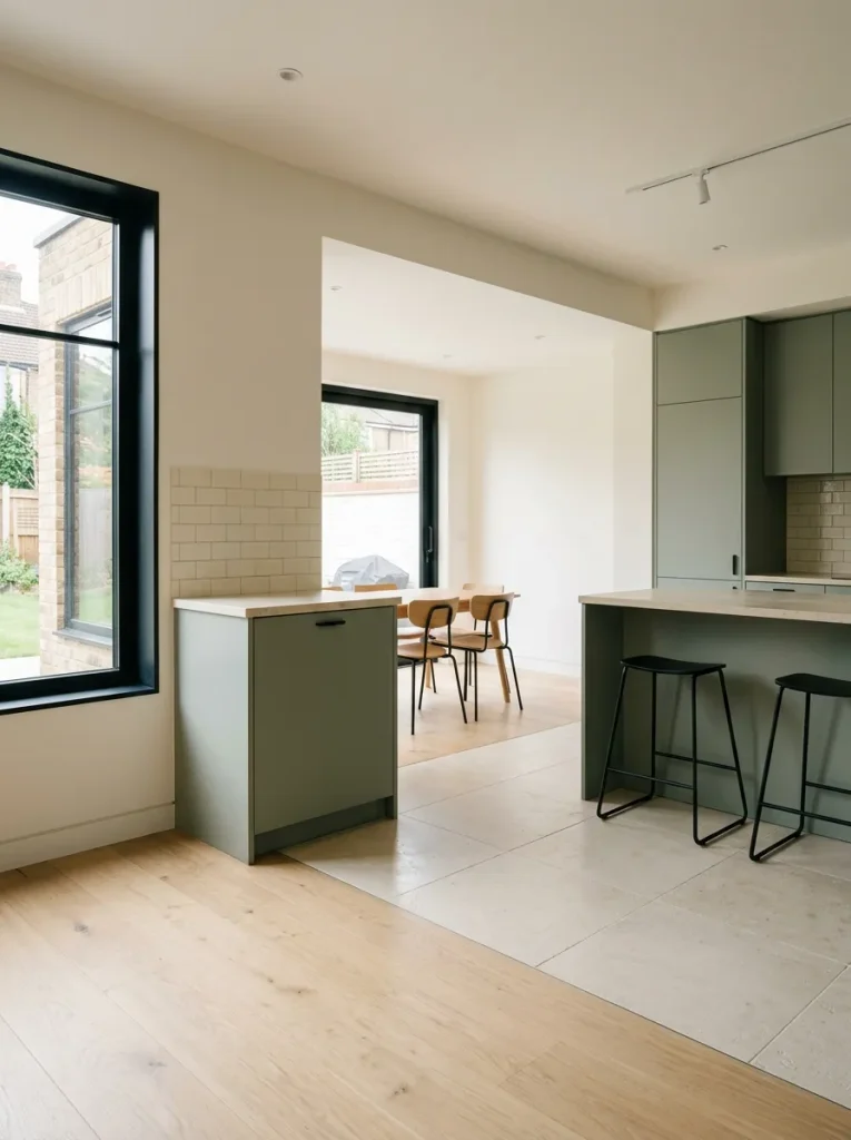 Modern double wide interior showing clean flooring, cabinetry, backsplash, and trim junctions across the kitchen and adjoining room.