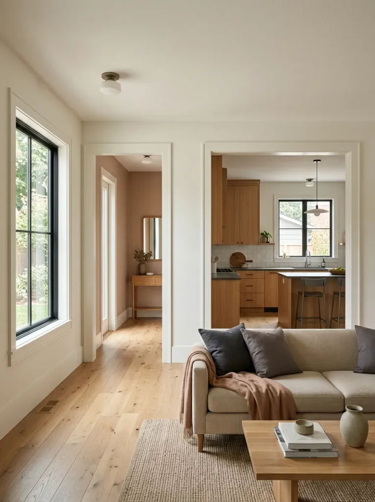 Modern double wide interior with coordinated baseboards, door casings, window trim, and a wide kitchen opening.