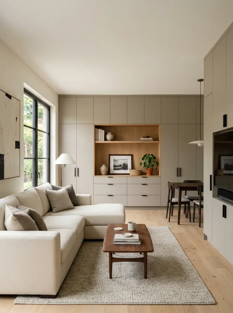 Double-wide living room storage wall with concealed cabinets and one edited open shelf for attractive personal ob