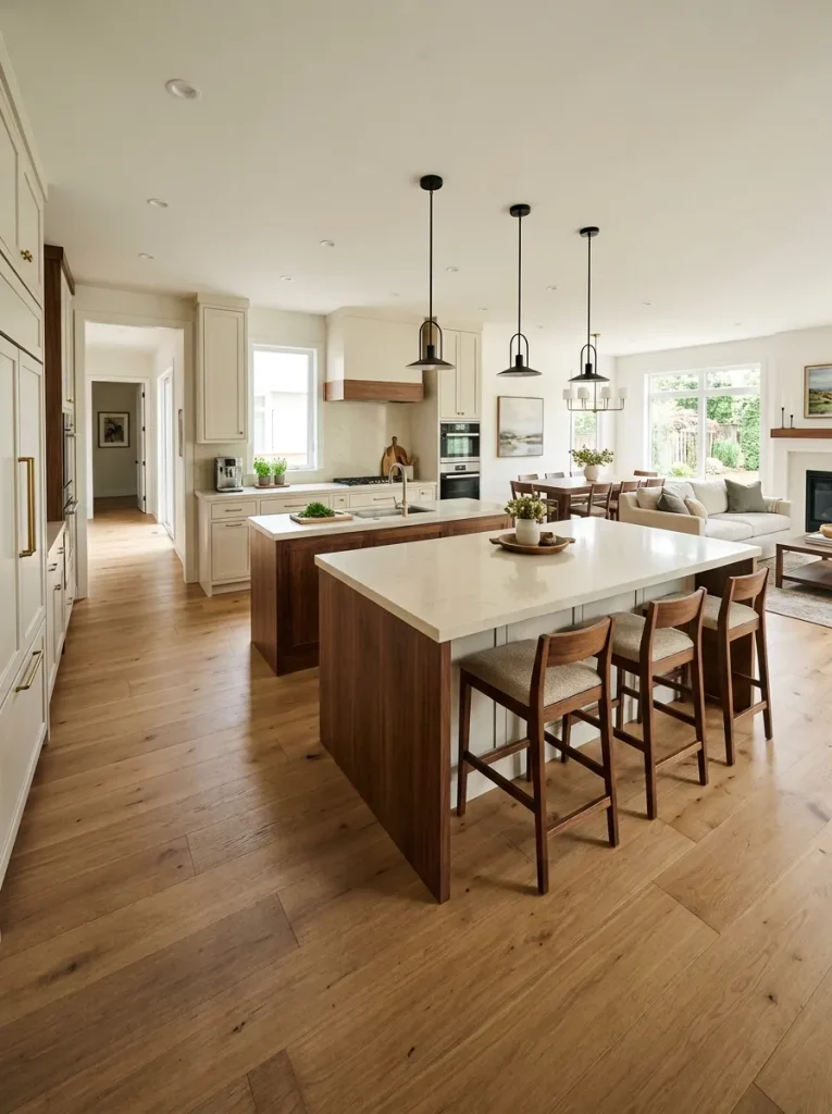 Kitchen island with stools grouped on the quieter side while a clear circulation lane remains open along the opposite edge.