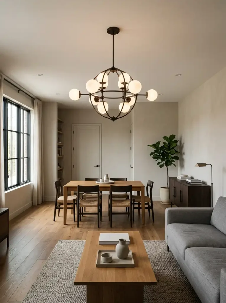 Because the fixture is visible across several connected zones, its silhouette can move the entire interior toward a more contemporary era.