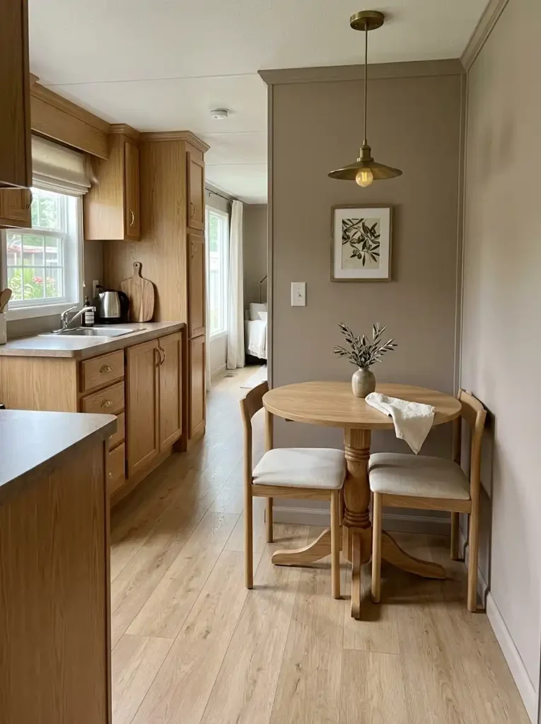 Small single wide dining area with a pedestal table and slim chairs fully tucked underneath to keep the walkway open.