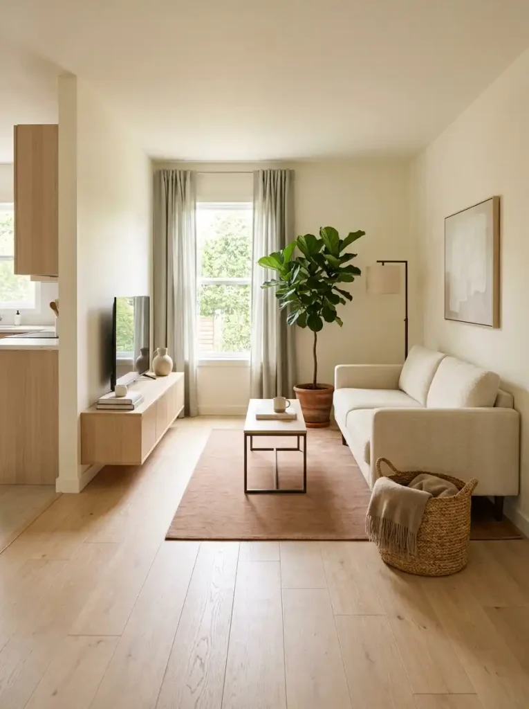 Edited single wide living room with a floor lamp, large plant, useful woven basket, clear circulation, and generous visible floor space.