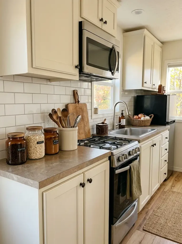 Mobile home kitchen counter with functional amber jars, cream utensil crock, wood board, and warm storage pieces for fall.
