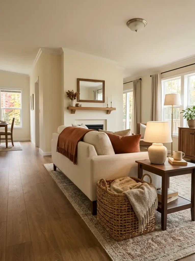 Double wide living room with a wide woven basket storing fall blankets beside a cream sofa and keeping the walkway clear.