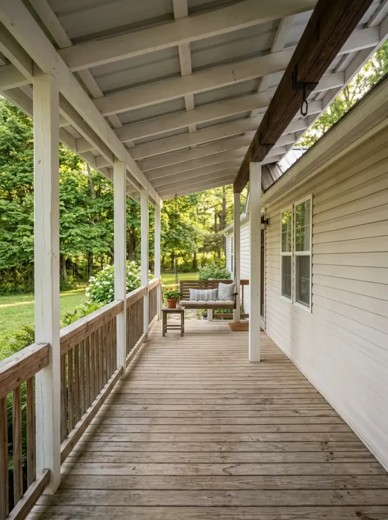 Covered mobile home porch with compact two-person porch swing, cream cushions, wood decking, plants, and open walking space.