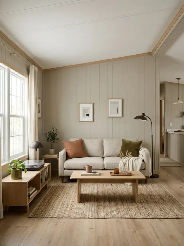 Updated single wide mobile home living room with warm greige wall paneling and evenly repeated vertical seams.