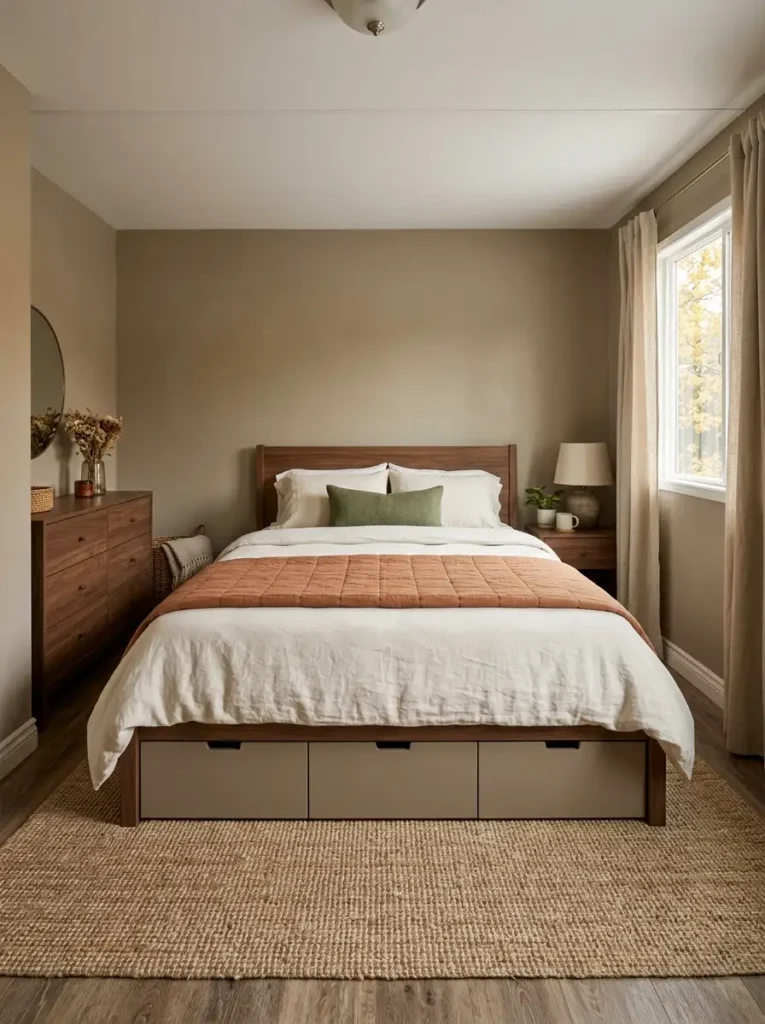 Mobile home bedroom with matching low-profile under-bed storage integrated neatly into the fall bedroom design.