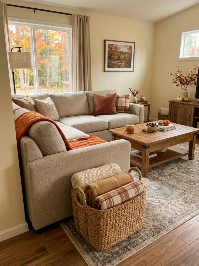 Woven blanket basket beside a beige sofa holding cream, camel, and rust throws in a cozy fall mobile home living room.
