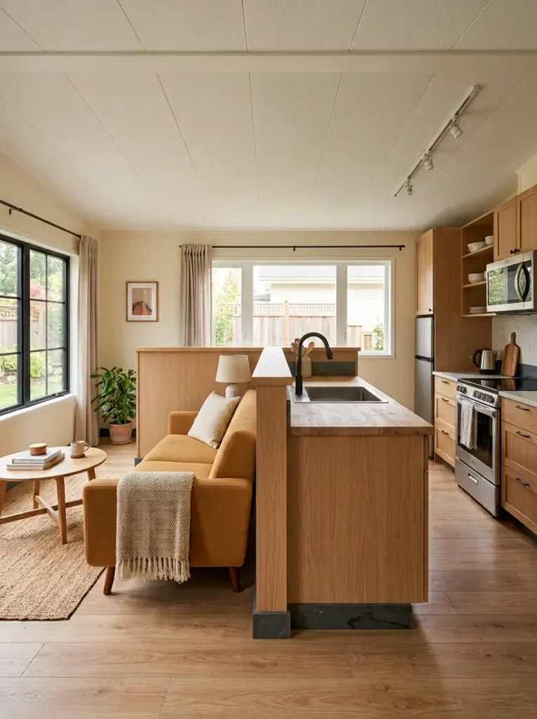 Functional half-wall supporting the kitchen while creating a useful boundary for the living area in a single wide.
