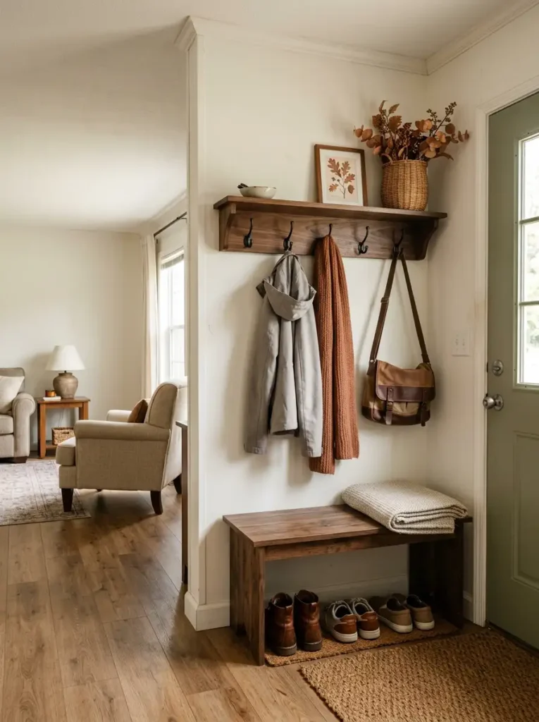 Double wide entry decorated for fall with a storage bench, wall hooks, woven basket, rust scarf, and seasonal foliage.