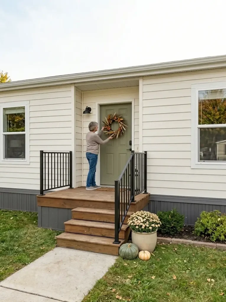 Mobile home front door decorated for fall with a natural wreath, pumpkins, planter, lantern, and open porch space around the entry.