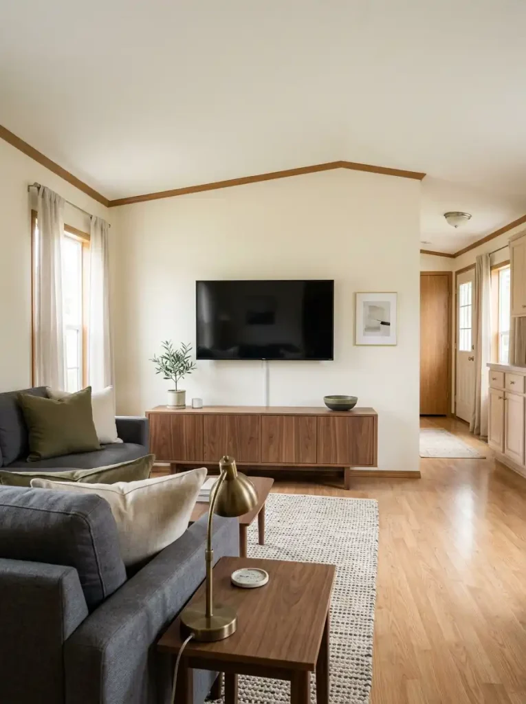 Single wide living room with a simple television wall, low closed media console, and minimal decorative accessories.