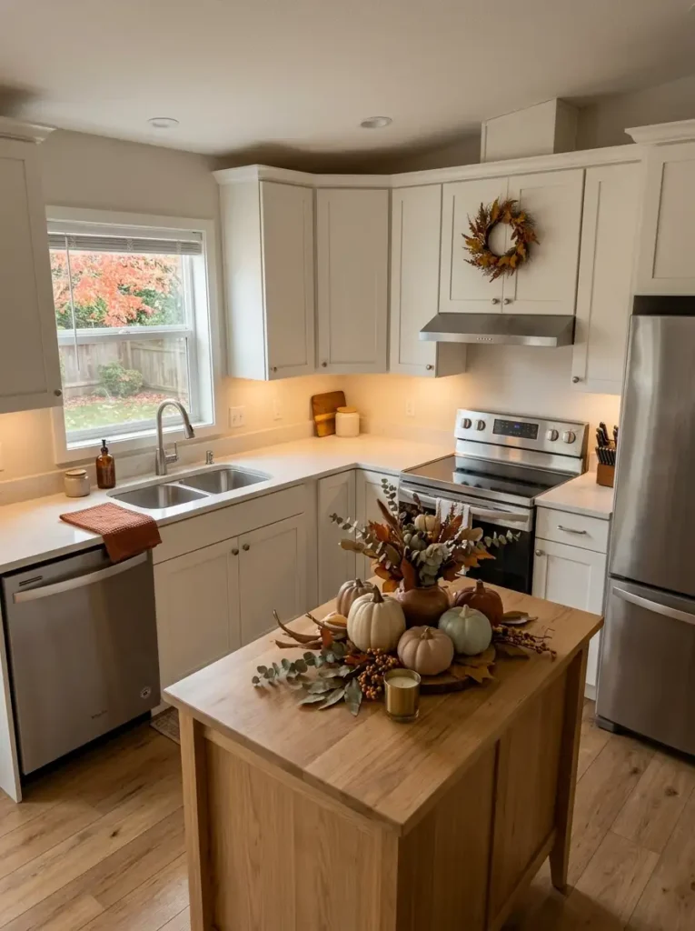 Fall mobile home kitchen decor arranged across three zones with a centerpiece, subtle supporting accents, and uncluttered counters.