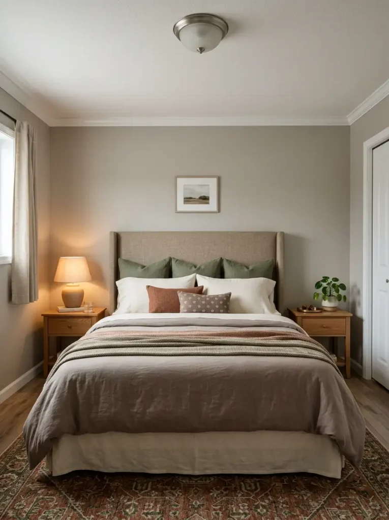 Fall mobile home bedroom with correctly proportioned upholstered headboard, pillows, nightstands, and low ceiling.