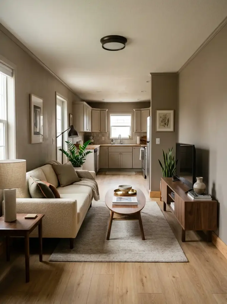 Single wide mobile home living room with a shallow sofa facing a slim media console and clear floor space between them.