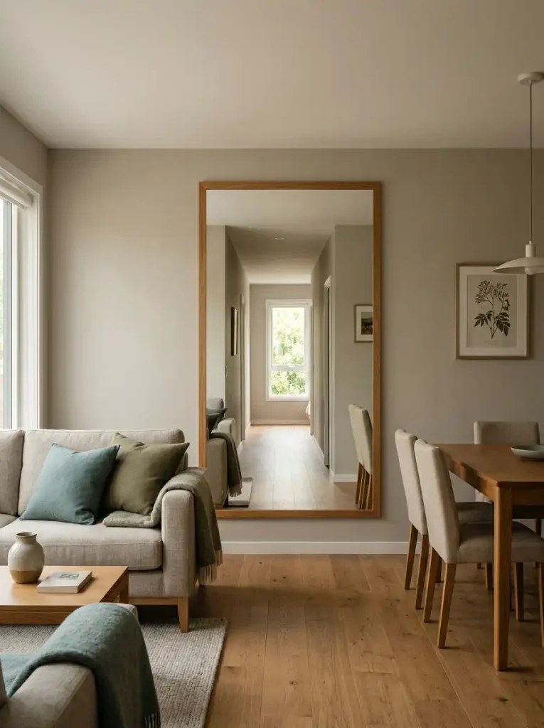 Mirror in a single-wide living area reflecting a long uncluttered view into the adjoining room.