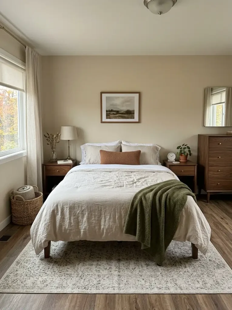 Cozy mobile home bedroom layered with linen, wool, wood, basketry, glass, and aged metal fall textures.