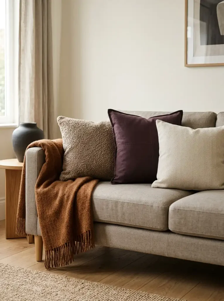 Modern neutral sofa styled for fall with cinnamon throw, bouclé cushion, woven fabrics, and deep aubergine accent pillow.