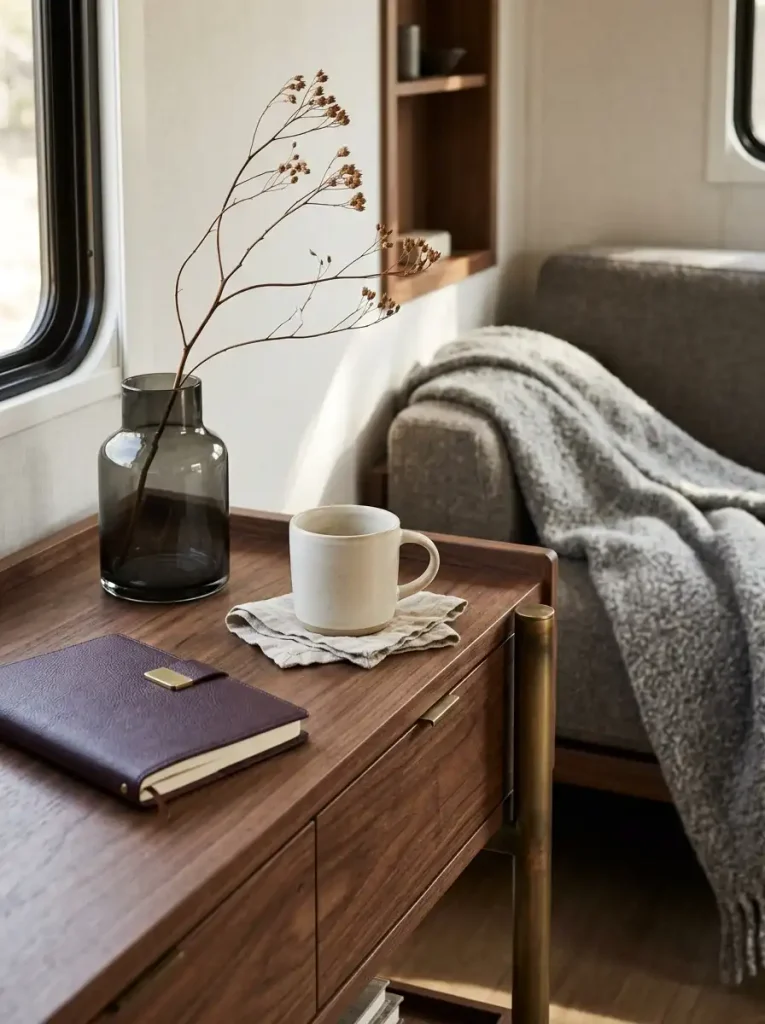Close-up of walnut, smoked glass, stoneware, linen, wool, and brushed metal styled for a modern fall interior.