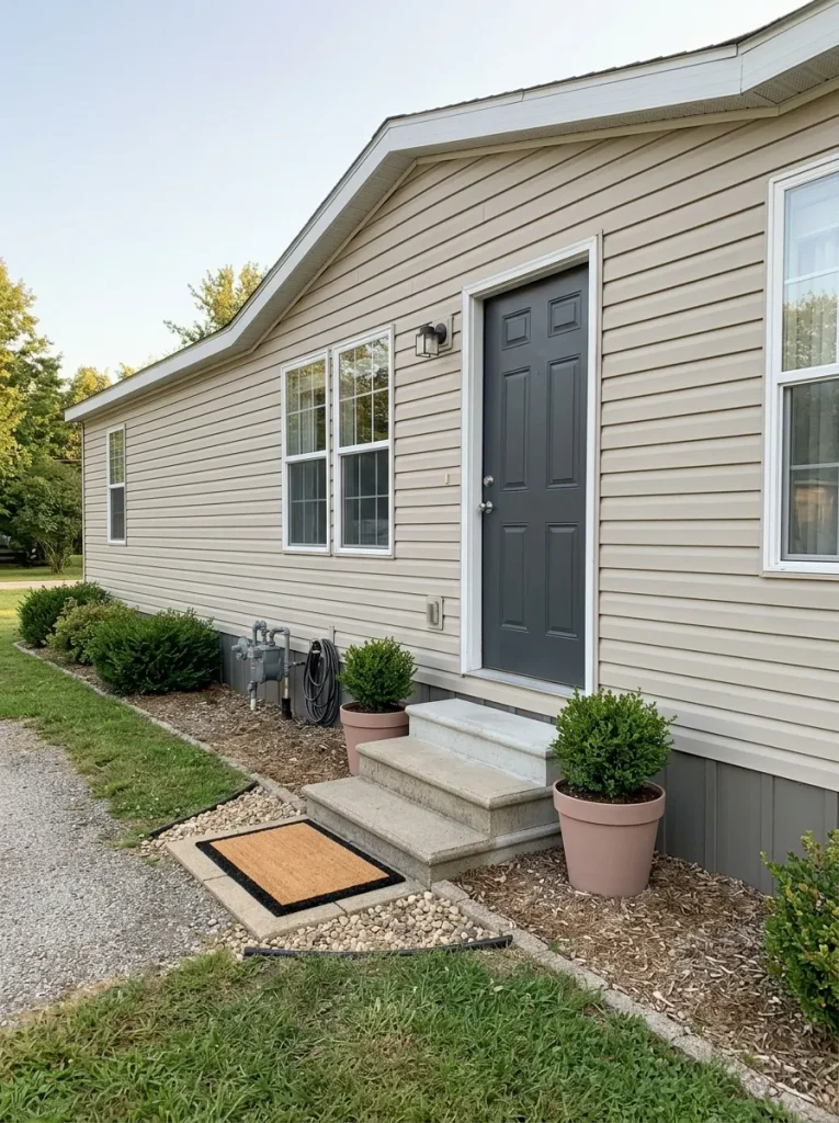 Existing single-wide front entry polished with a clean mat, restrained planters, and cleared clutter without adding a porch.