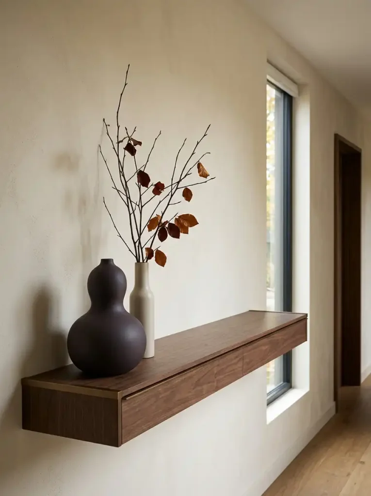 Modern mobile home console styled with one sculptural fall object, sparse branches, and generous empty surface space.