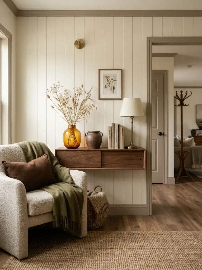 Pumpkin-free fall decor with walnut wood, amber glass, olive textile, brown pottery, and dried grasses in a mobile home